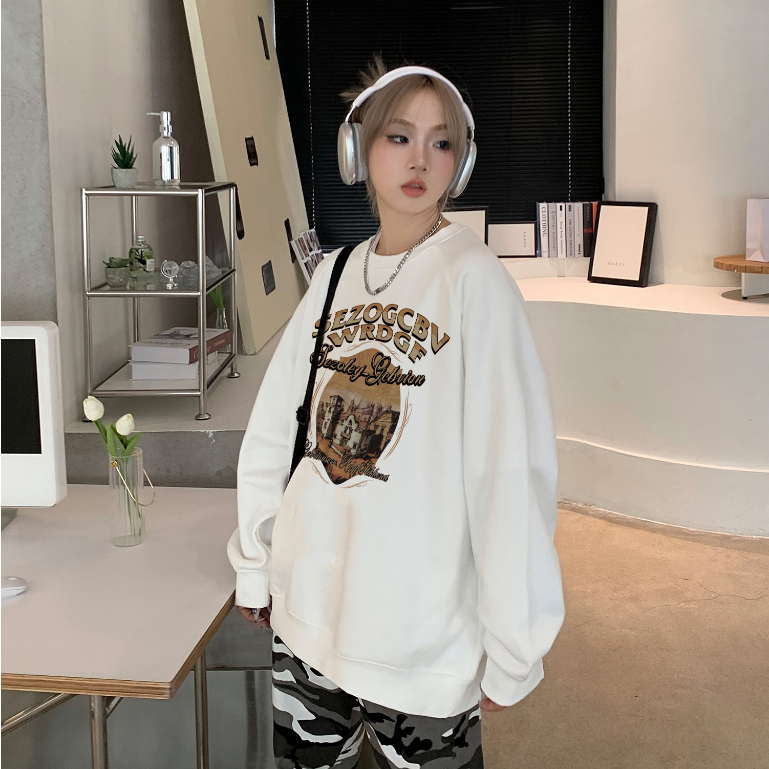 swetter oversize wanita/lengan panjang american vintage motif graffiti print sweater putih/sweater wanita korean style