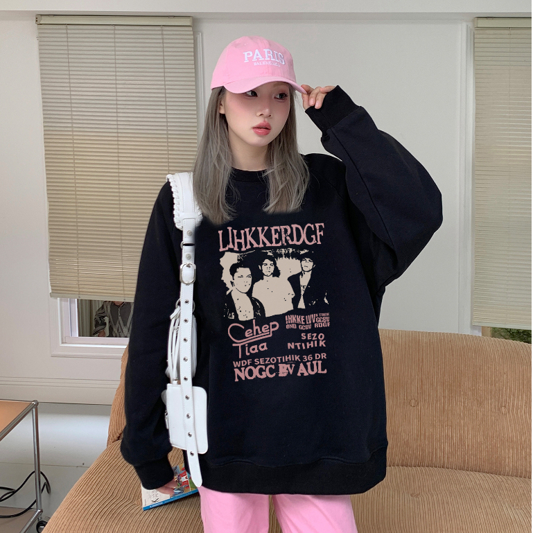 switer hitam wanita/lengan panjang american retro letter graffiti print sweter oversize wanita rap hip hop sweater motif