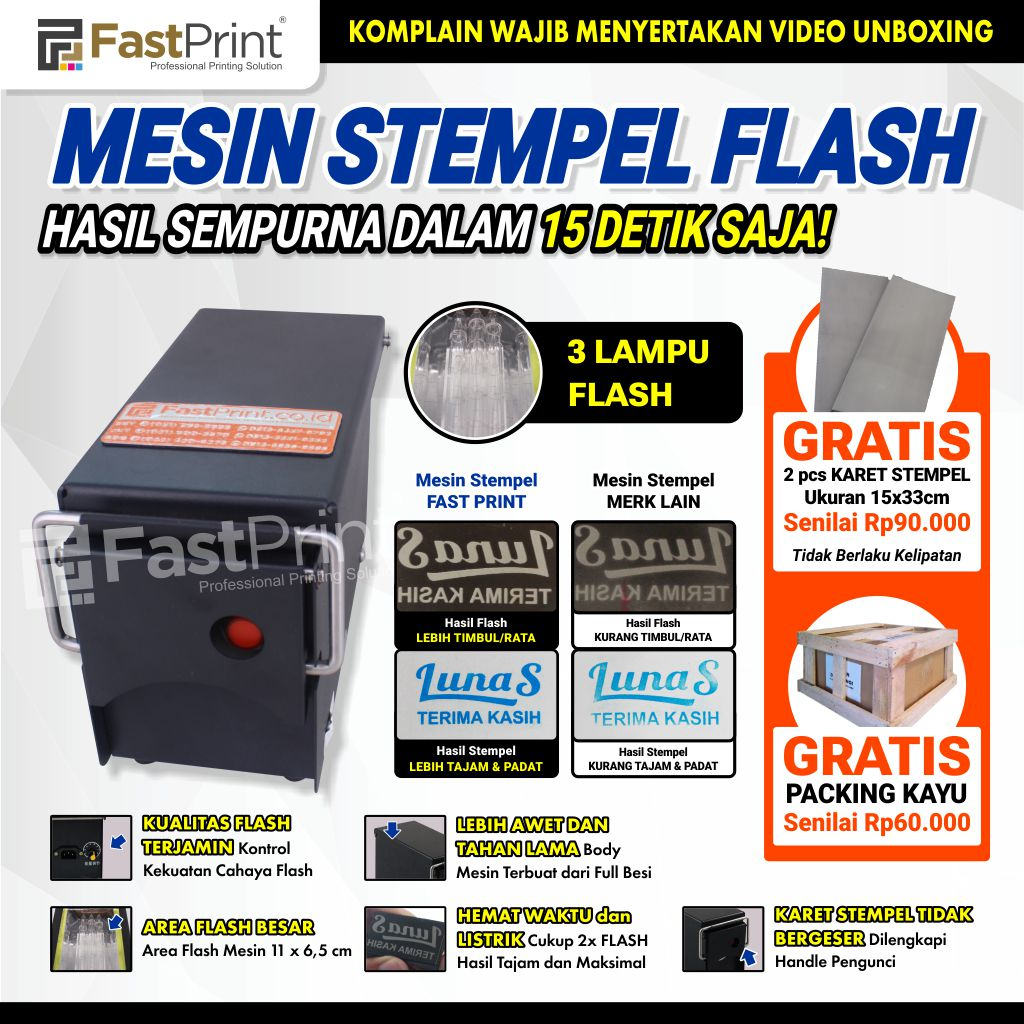 Mesin Stempel Flash Kilat Premium 3 Lampu Full Plat Besi
