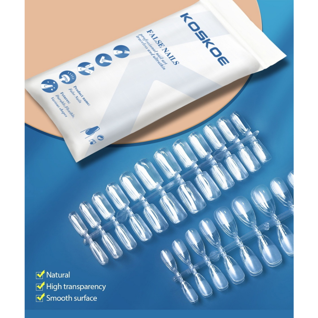Kuku palsu koskoe sepasang set bening polos jernih transparan clear  panjang pendek besar kecil tebal elastis untuk wisuda wedding nail art lucu canntik elegant aesthetic estetik runcing round oval lancip glossy doff