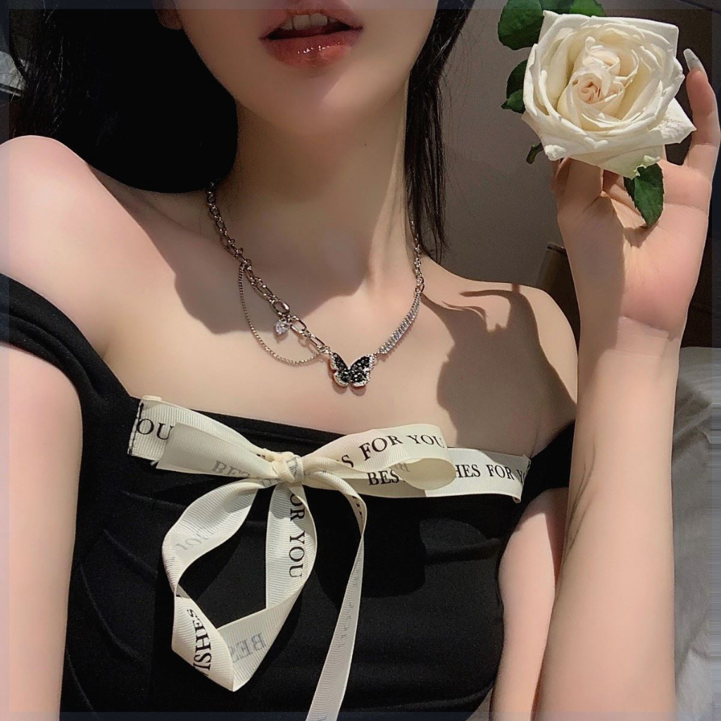 COD❤️Kalung Kupu-kupu Wanita Korea Hitam Fashion Zirkonia Desain Premium Tulang Selangka