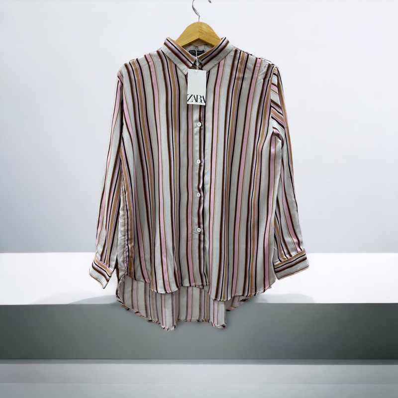 Kemeja Salur Wanita Tunik Blouse Oversize Jumbo Size Pakaian Stripe Shirt