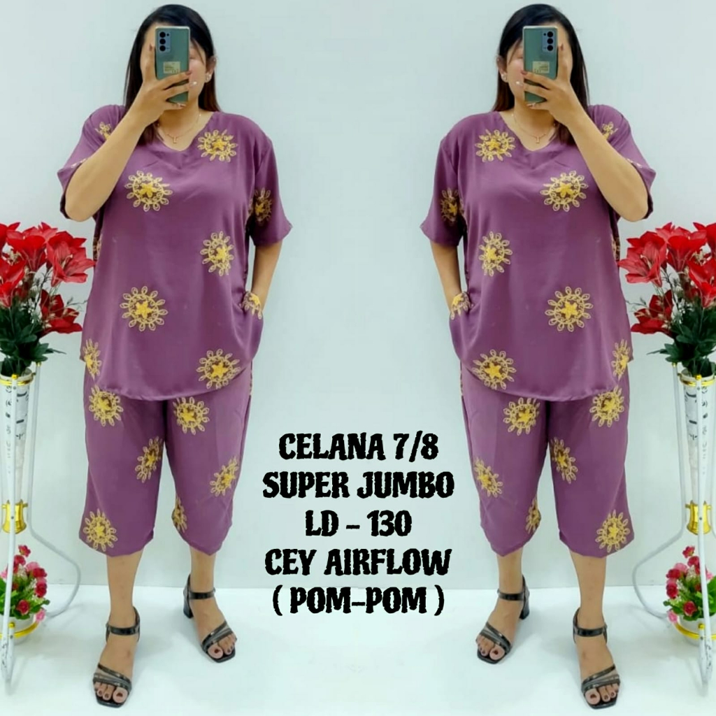 CNC - Stelan Viral Wanita Terbaru/Stelan Celana 7/8 V Cringkel Pom Pom Motif Timbul 3XL Dan 5XL