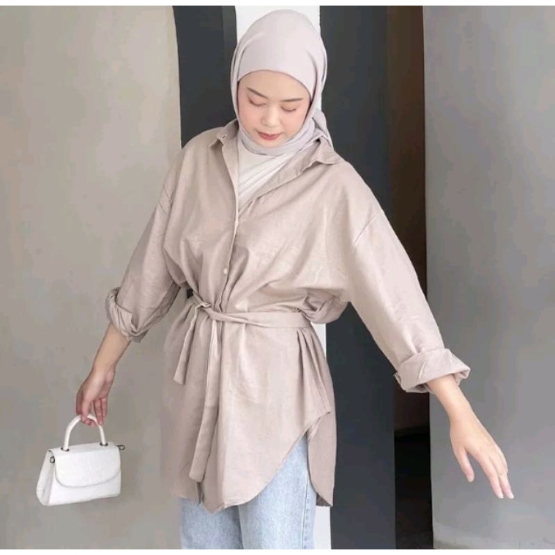 fine's-kemeja tunik Blouse belt wanita linen