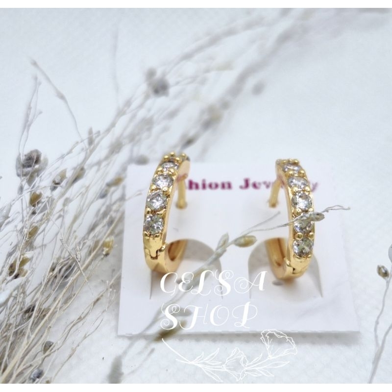 ANTING XUPING gold Permata putih lapis emas/anting jepit xuping dewasa mata putih