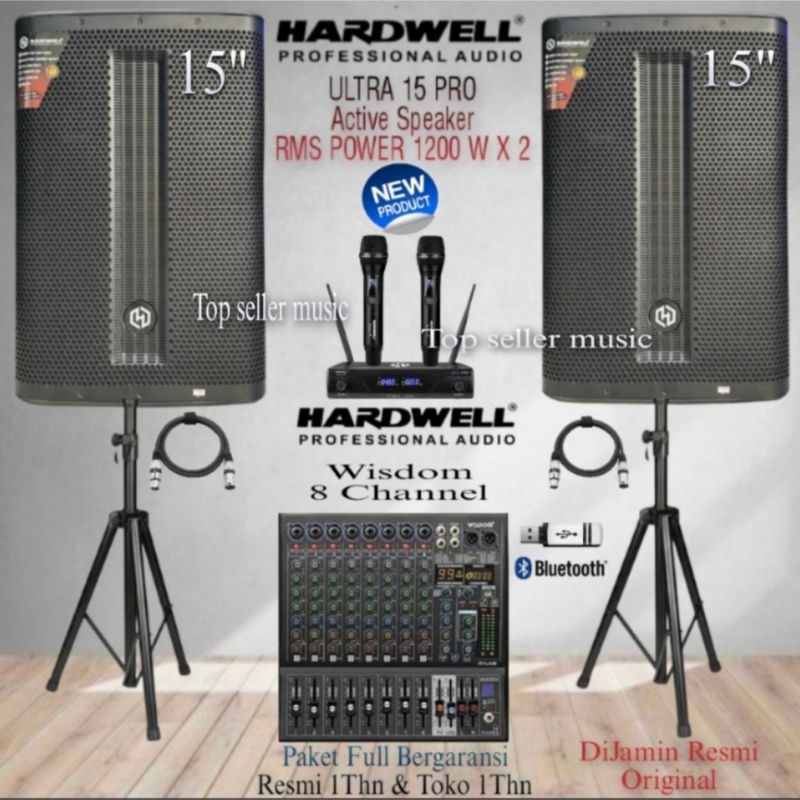 Paket Sound Systen Speaker Aktif HARDWELL ULTRA 15 PRO Mixer Wisdom 8 Ch Mic 2 Wireless