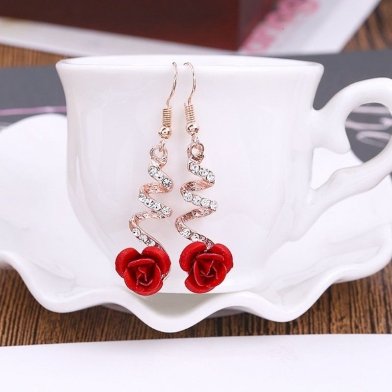 Anting Emas Gantung Bunga Mawar Merah / Anting Pesta Wanita / Anting Mewah / Anting Korea Cantik