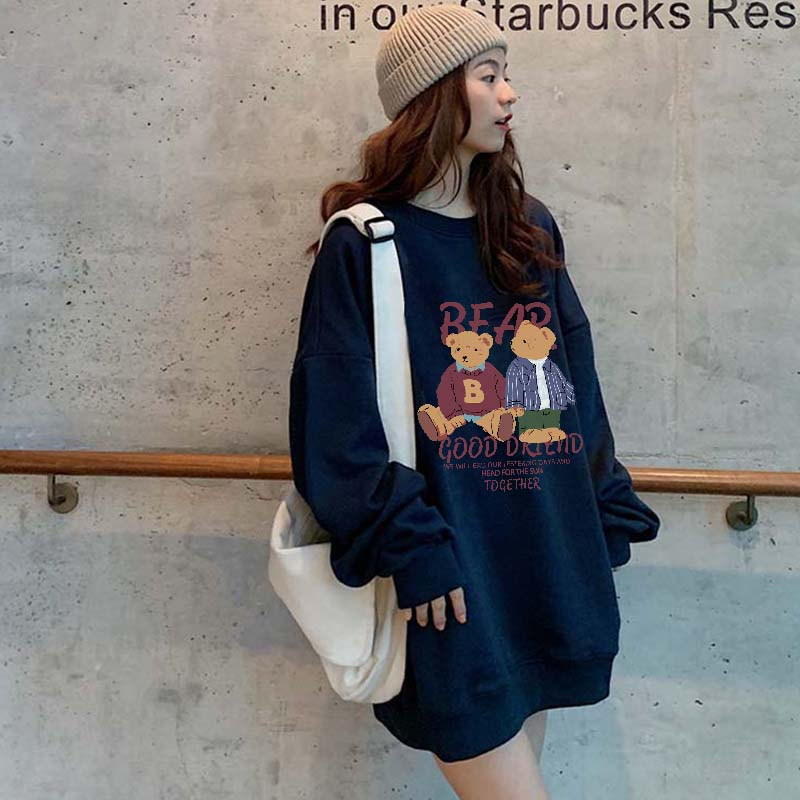 Kaos Stasan Wanita Oversize Couple Sweater American Vintage Cartoon Bear Graphic Priting Top Kekinian Casual Sweater