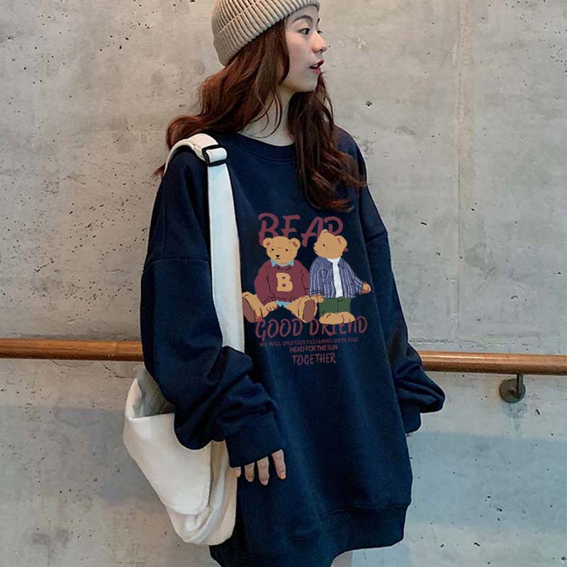 Kaos Stasan Wanita Oversize Couple Sweater American Vintage Cartoon Bear Graphic Priting Top Kekinian Casual Sweater