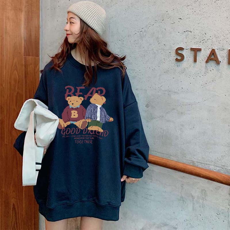 Kaos Stasan Wanita Oversize Couple Sweater American Vintage Cartoon Bear Graphic Priting Top Kekinian Casual Sweater