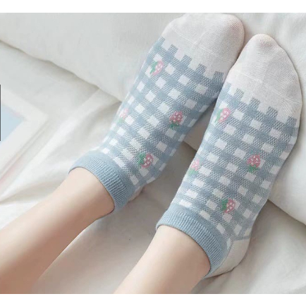 BAJ Kaos Kaki Wanita Pendek Strawberry SS216 Kaos Kaki Motif Buah Garis Kotak Unisex Semata Mata Kaki Ankle Karakter Biru Socks Korean Model Simple Cute SS216