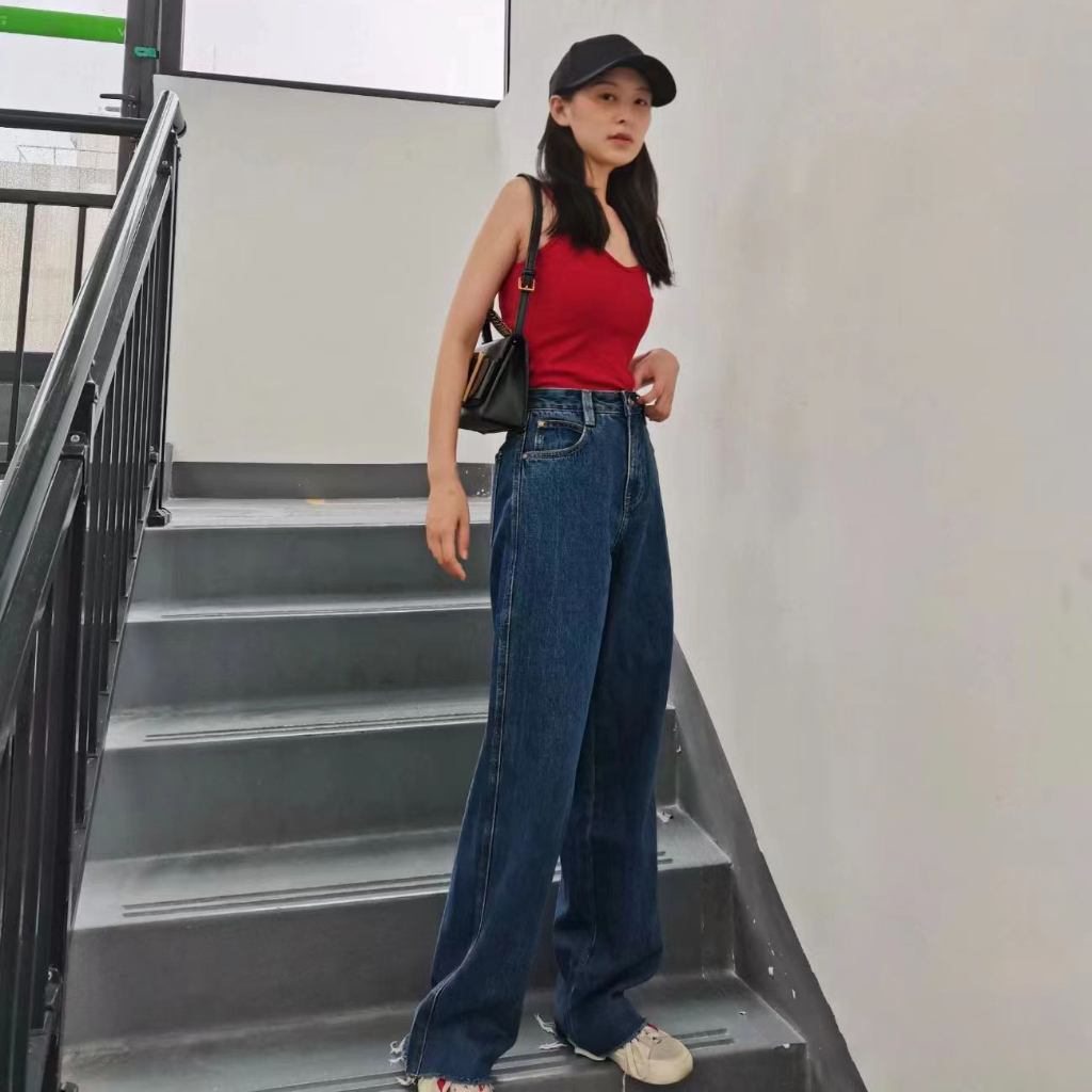 Biru Gelap Rawis Highwaist Lurus Loose Celana Jeans Panjang Wanita Korea Style