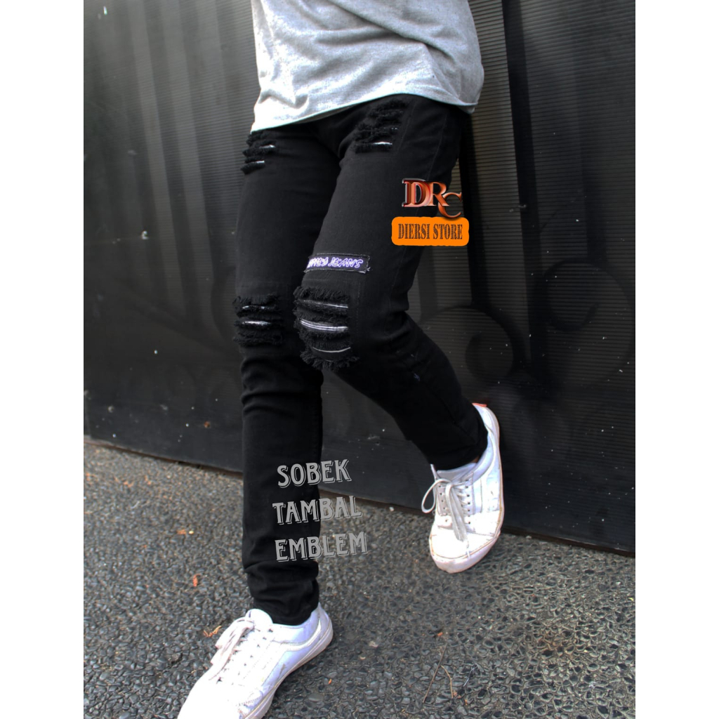 Celana Panjang Jeans Pria Emblem Sobek Ripped /Celana Jeans Sobek Pakai Lapisan /  Celana Panjang Skinny Bordir Ripped / Celana Jeans Pria Terbaru 2023