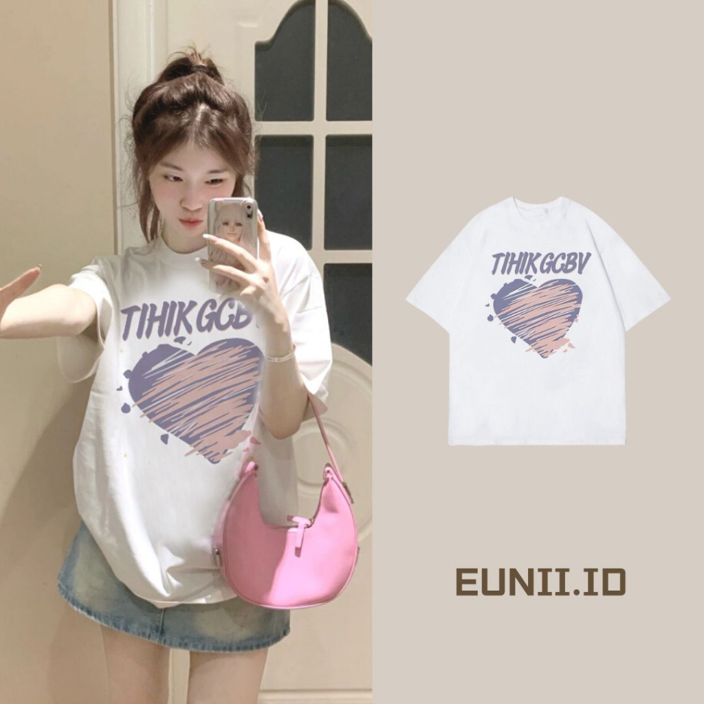 EUNII T-shirt Lengan Pendek Cartoon Pink THINK GCBV Heart Korean Style/Kaos Atasan Wanita/Baju Kaus Oversize Wanita/Kaos Wanita