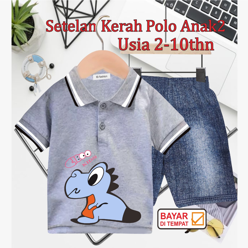 ((IB))SETELAN ANAK2 KERAH POLO SEMI JEANS/DINO DIGITAL SABLON