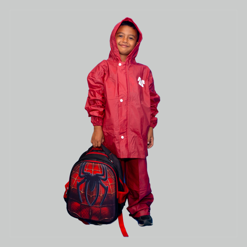 R&amp;A - Jas Hujan Setelan Anak SD / Mantel Anak Laki laki Perempuan / Raincoat Bahan PVC NYLON Merah Premium