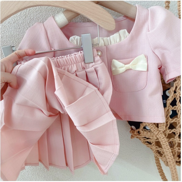 Setelan Dress PINK 2 KANTONG PITA ROK LIPAT Anak Perempuan Import/ Gaun Pesta Baju Bayi Perempuan