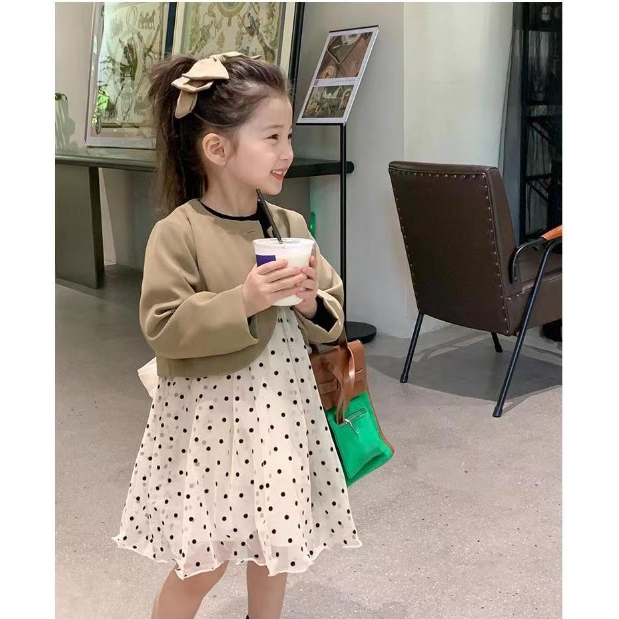 Dress anak import lengan panjang model CARDIGAN PITA DRESS TUTU POLKADOT 100-140 PREMIUM