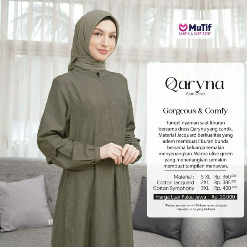 Mutif Qaryna Aloe Olive Baju Muslim Gamis Dress Casual Premium Terbaru Ori Lebaran 2023 Sarimbit