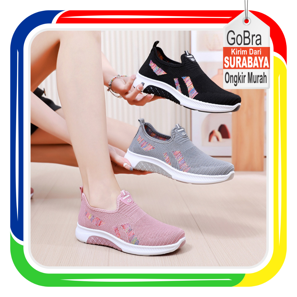 Gobra ♕ SEP034 (Tanpa Kotak) Sepatu Sneakers Wanita Warna Motif Sporty Model Korea Fashion Casual Sport Olahraga Import COD