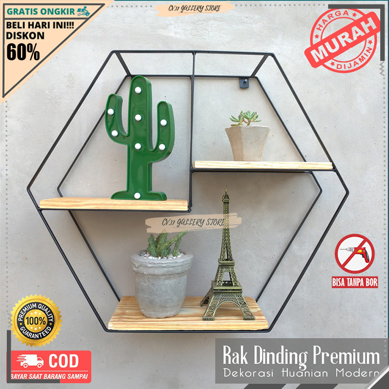 Rak Hexagon Hiasan Ambalan Besi Hexagonal Gantung Tempat penyimpanan Buku Bunga Kosmetik make up Makeup  Bumbu Dapur Dekorasi Decorasi Perlengkapan Dinding Dingding Rumah Besi Segi lima 5 Tempel Ruang Tamu Kamar Tidur Cewek Kayu Jati Belanda Minimalis