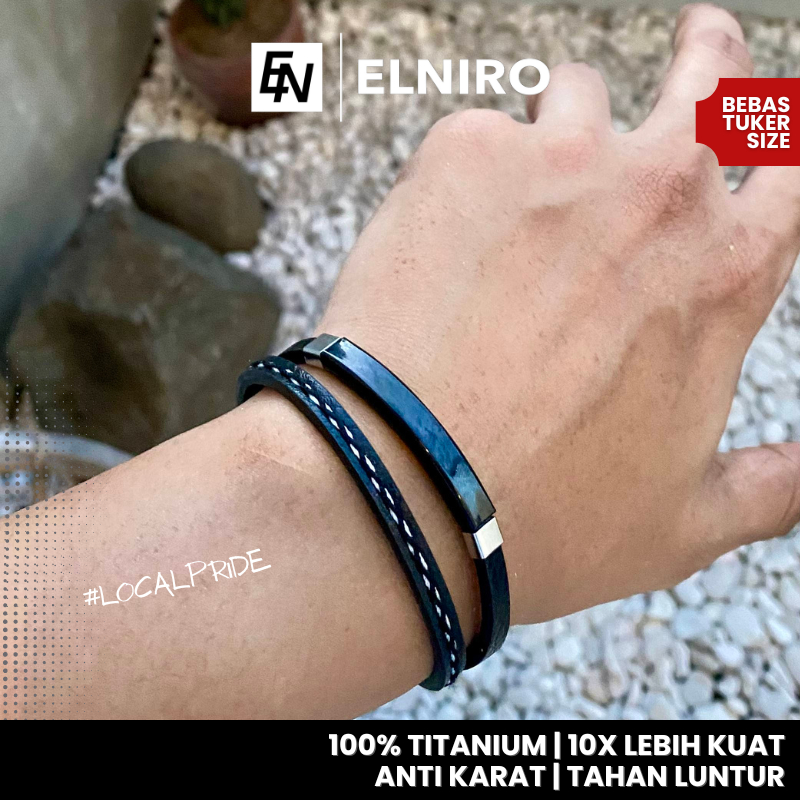 EXCLUSIVE !! ELNIRO Gelang Kulit Stainless Leather Hitam / Gelang Cowok Pria dan Wanita / BISA COD [B.6]