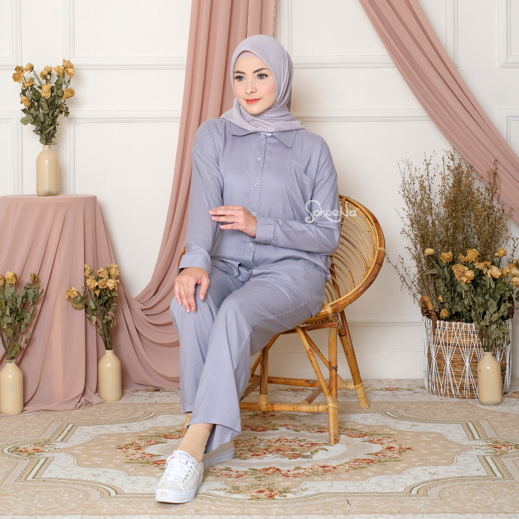 SAKEENA Pajamas Set Kemeja Dewasa Katun Rayon Polos Lengan Panjang