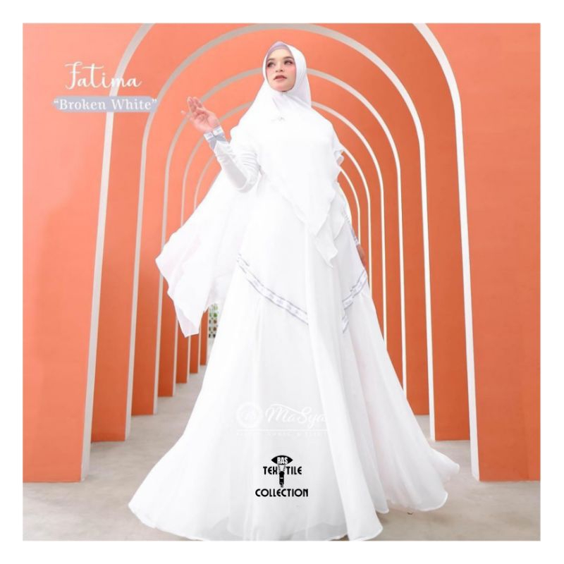 Set Gamis Dress Ceruty Babydoll Syari Branded Warna Putih Tulang - Broken White Mewah Masya Syari Or