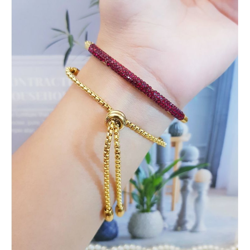 Gelang Serut Titanium Gold Permata Merah Cantik Awet Anti Karat 1104a2