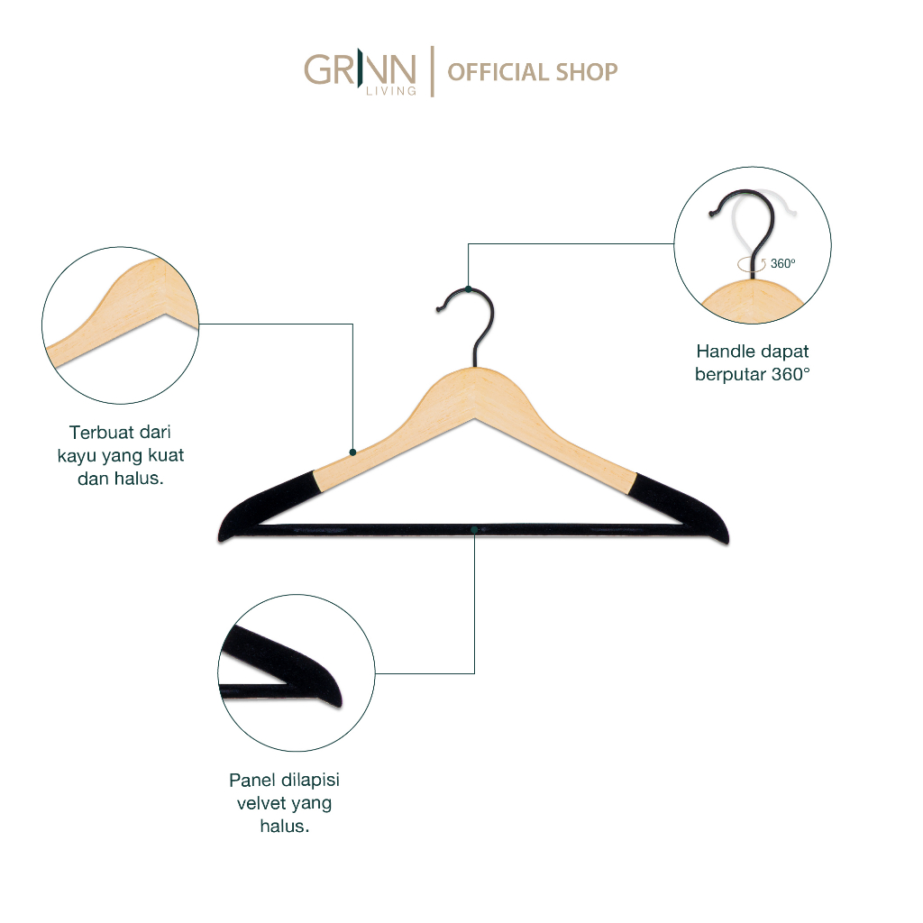 GRINN LIVING Kenji Hanger Kayu SET isi 6 &amp; 12 / Gantungan Baju / Velvet Premium Aesthetic