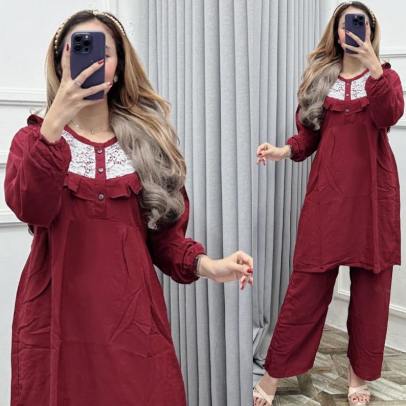 [BISA COD BAYAR DIRUMAH] NEW ONESET TUNIK RENDA// SETELAN CELANA PANJANG TUNIK RENDA DASTER ARAB VIRAL LENGAN PANJANG