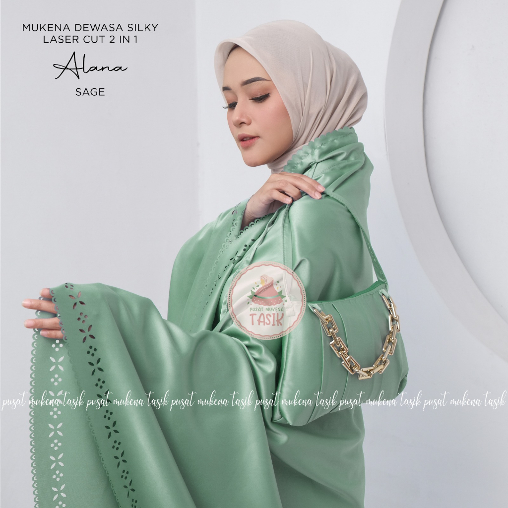 PUSAT MUKENA TASIK - MUKENA POLOS DEWASA SILKY LASER CUT 2 IN 1 ALANA