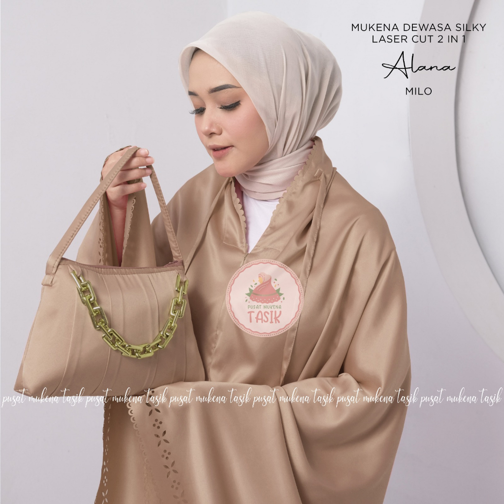 PUSAT MUKENA TASIK - MUKENA POLOS DEWASA SILKY LASER CUT 2 IN 1 ALANA