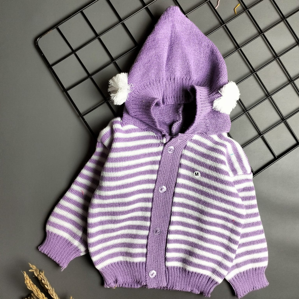 Mantel atasan rajut hoodie bayi motif pompom garis 0-12 bulan