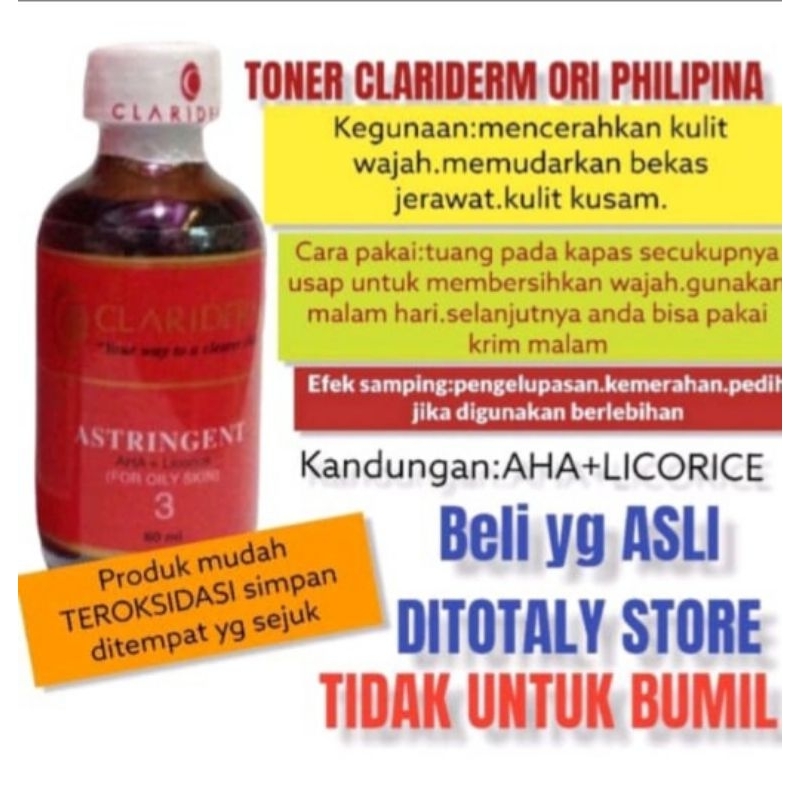 (Gratis/Free Kapas Cantik)Totaly Store Toner Clariderm  Asli Original 100% Philipina Asli Cairanya.