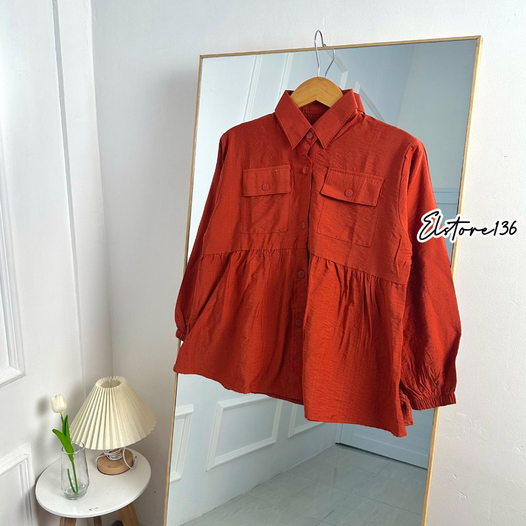 Gemini Blouse Polo Linen Atasan Wanita Saku Dua Lengan Panjang Busui OOTD Remaja Dewasa Viral