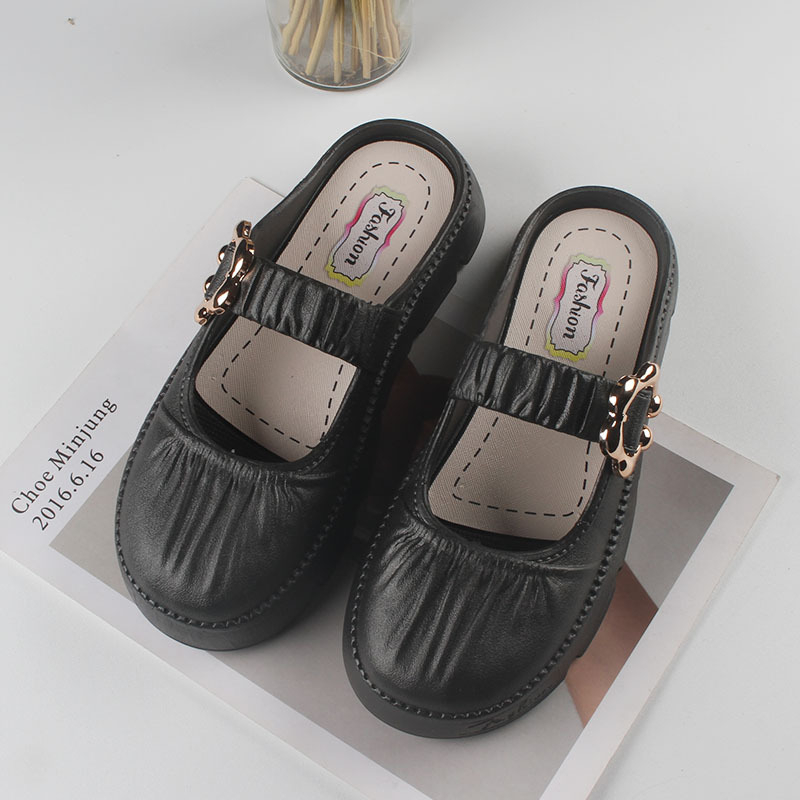 CYS Sandal Sepatu Slop Wanita Cewek Motif Kerut Tali Gesper Bunga Kekinian Simpel Korea Fashion Style Rumah Import Balance SPT-63