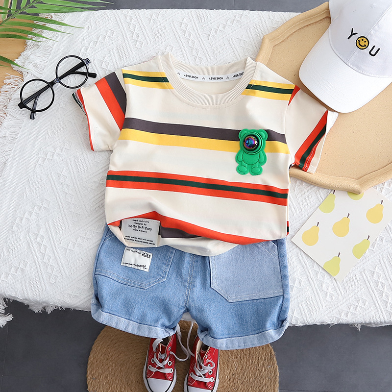 Setelan Pendek Anak Laki Laki DRAC0 Baju Set 2in1 Kaos Garis dan Celana Jeans Import