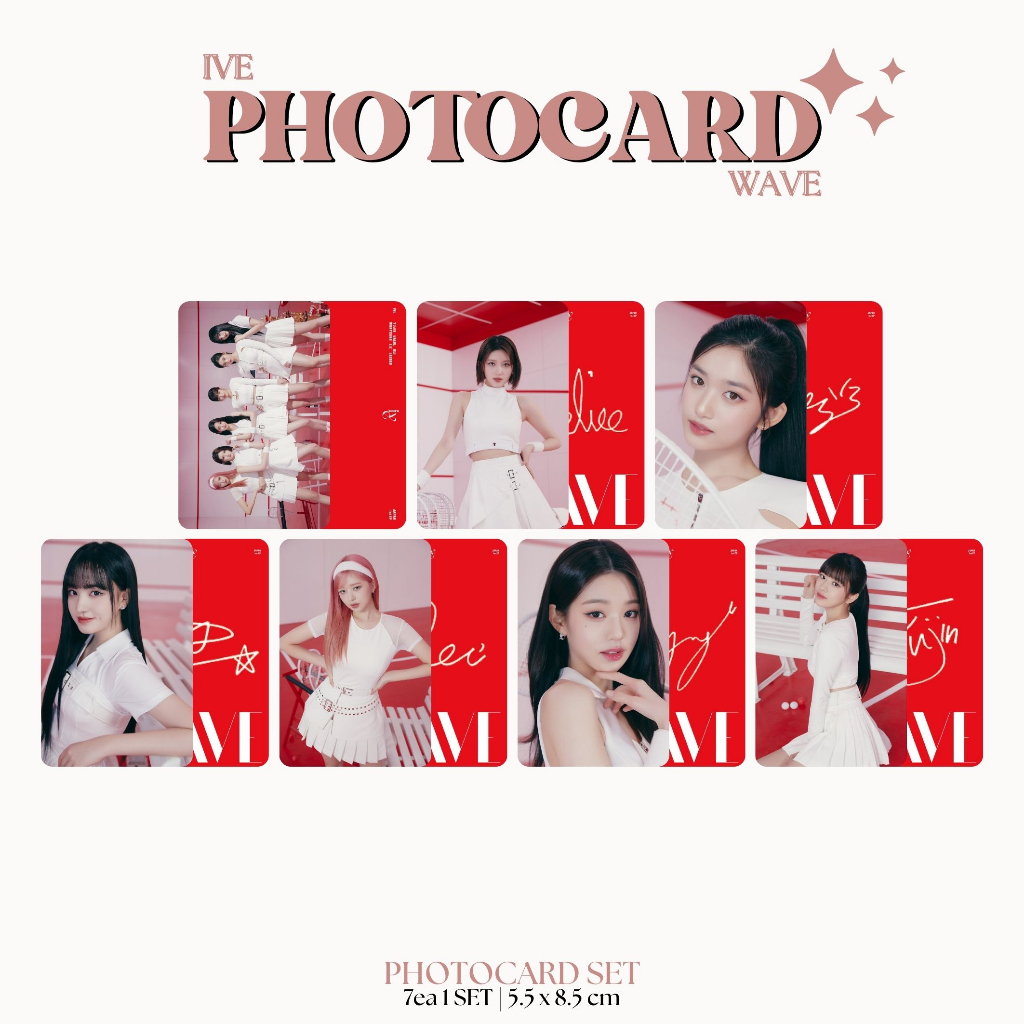 PHOTOCARD IVE WAVE 2SISI (ISI 7 PCS + LAMINASI 2 SISI) TANDA TANGAN TTD KPOP IDOL KOREA PREMIUM MURAH UNOFFICIAL YUJIN GAEUL WONYOUNG LIZ REI LEESEO READY STOCK !