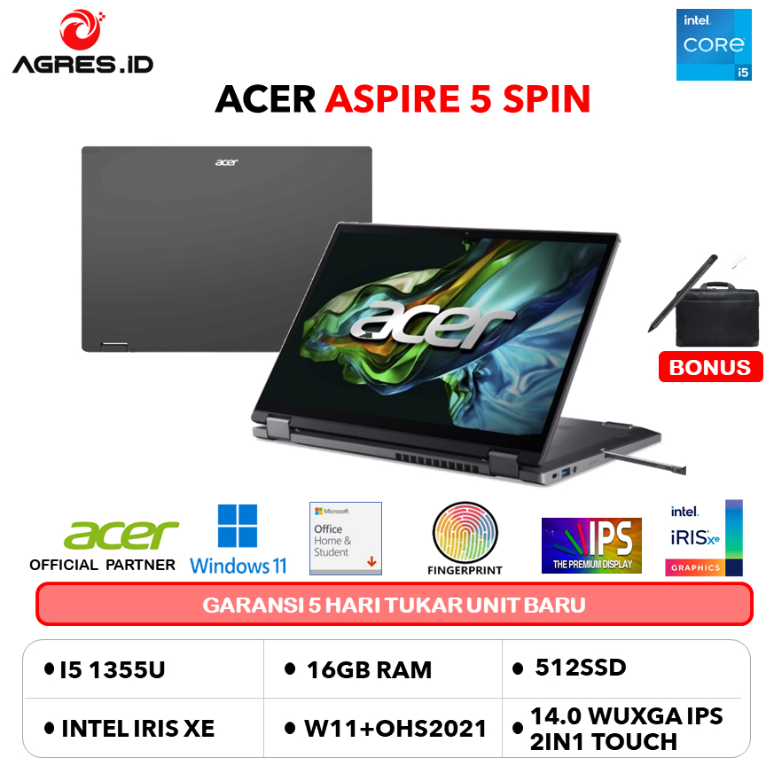 ACER ASPIRE 5 SPIN A5SP14 TOUCH I5 1335 16GB 512GB W11PRO+OHS 14.0WUXGA FP PEN 2IN1 GRY -51MTN.58F6