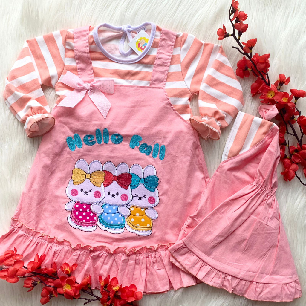 Baju dress lengan panjang kekinian lucu dapat bandana bestseller anak cewek perempuan murah -hel