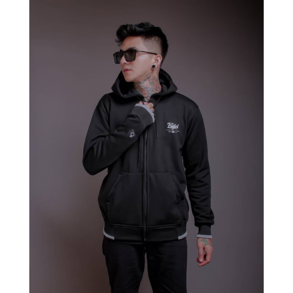 SWEATER HOODIE ZIPPER cowok Sweatshirt Pria BOJIEL Hitam Polos lengan seri BJSL131