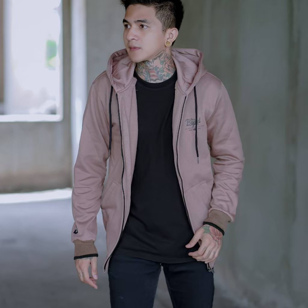 SWEATER HOODIE ZIPPER cowok Sweatshirt Pria BOJIEL Mocca Polos lengan seri BJSL132