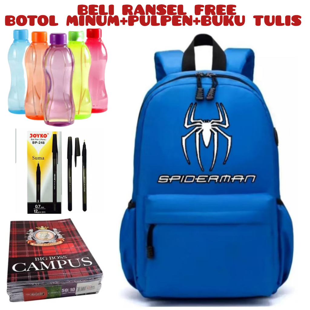 JS_ Beli 1 Dapat 4-Tas Sekolah SPIDERMAN Anak Laki-Laki Anak Perempuan Backpack Sekolah Anak TK SD Beli Ransel Free Botol Minum+Pulpen+Buku Tulis