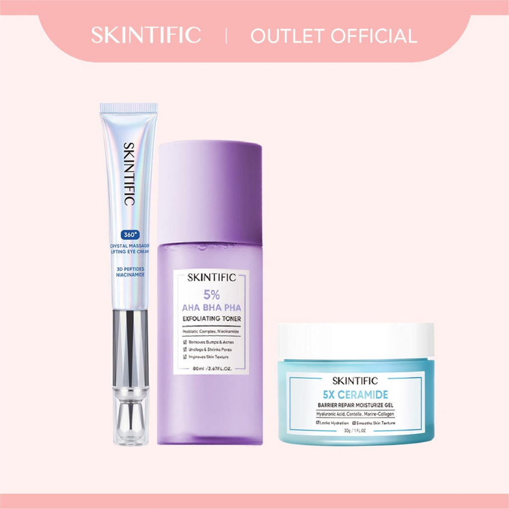 【Skintific Outlet Official】SKINTIFIC Plumpy Skin Set - 5% Aha Bha Pha Exfoliating Toner &amp; 5X Ceramide Barrier  Moisturize Gel Pelembab Wajah &amp;  Acne Clay Mask &amp; 360 Crystal Massager Lifting Eye Cream Krim Mata