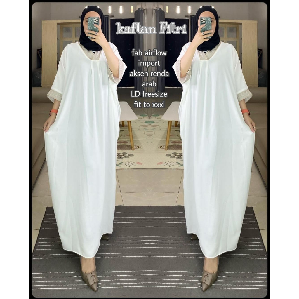 Kaftan Fitri Crinkle Airflow Aksen Renda Muslim Kaftan Lebaran Original Produk