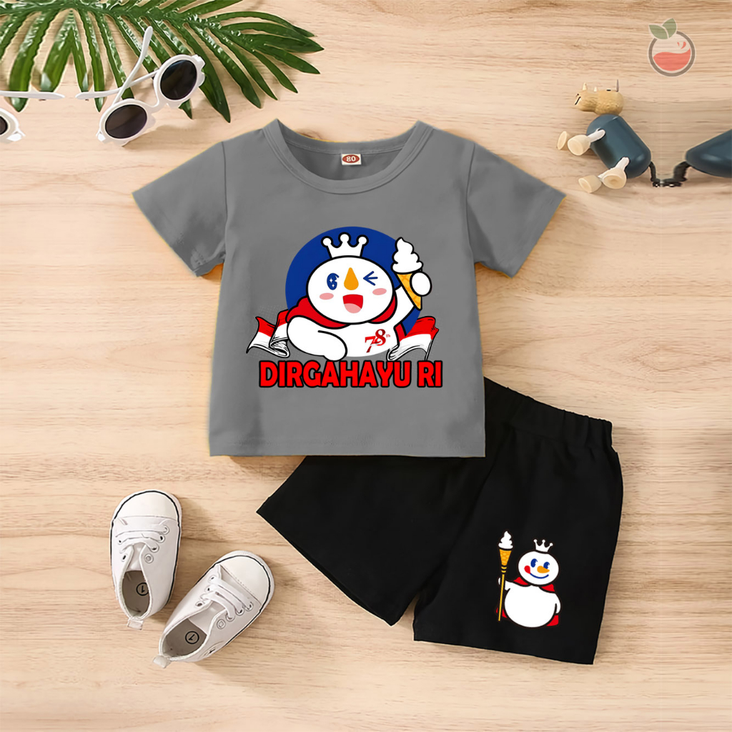 Baju Anak Stelan Kaos 3/4 MIXUE INFO HUT RI 78 NKRI INDONESIA PANCASILA Cowok Cewek  Usia 1 - 4  Tahun Celana Pendek Harian