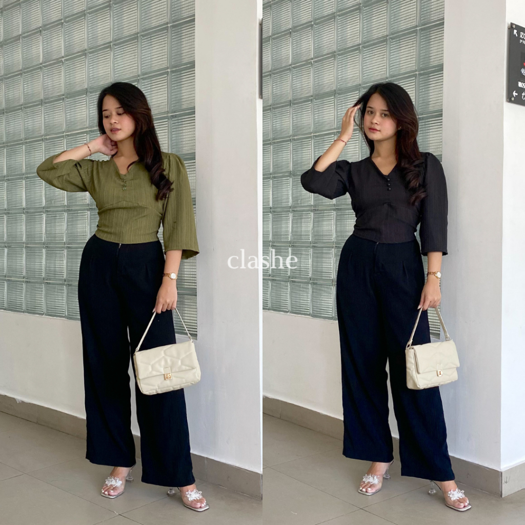 Baju Blouse Wanita Atasan Lengan Panjang Lady Crush Crinkle Anti Lecek Korean Style Kekinian Terbaru Ootd Yolla Top by Clashe