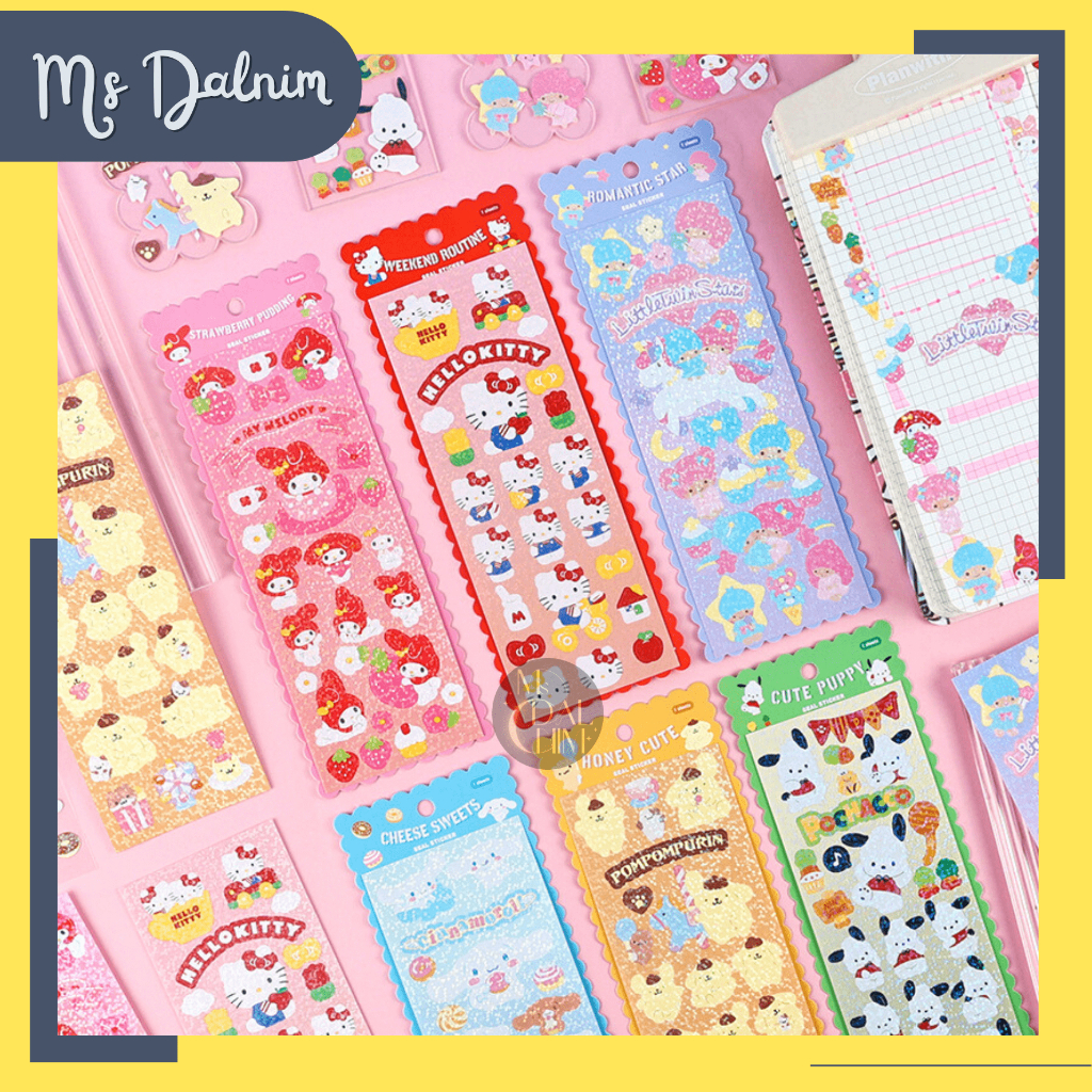 

Stiker Sanrio Aesthetic Glitter Korea PVC Anti Air Waterproof Lucu Cute Deco Sticker Cinnamoroll HK Melody PomPomPurin Pochacco Dekorasi Journal Diary Bujo Photocard PC Decor HP Kpop Toploader Cahol Kawaii DIY Planner Scrapbook Craft [ST162]