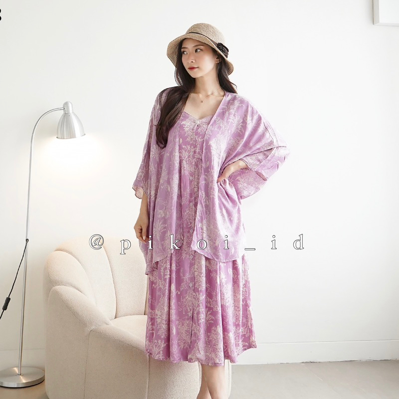 Setelan dress dan cardigan pantai / summer dress wanita pastel / dress pantai katun / set outer 3458